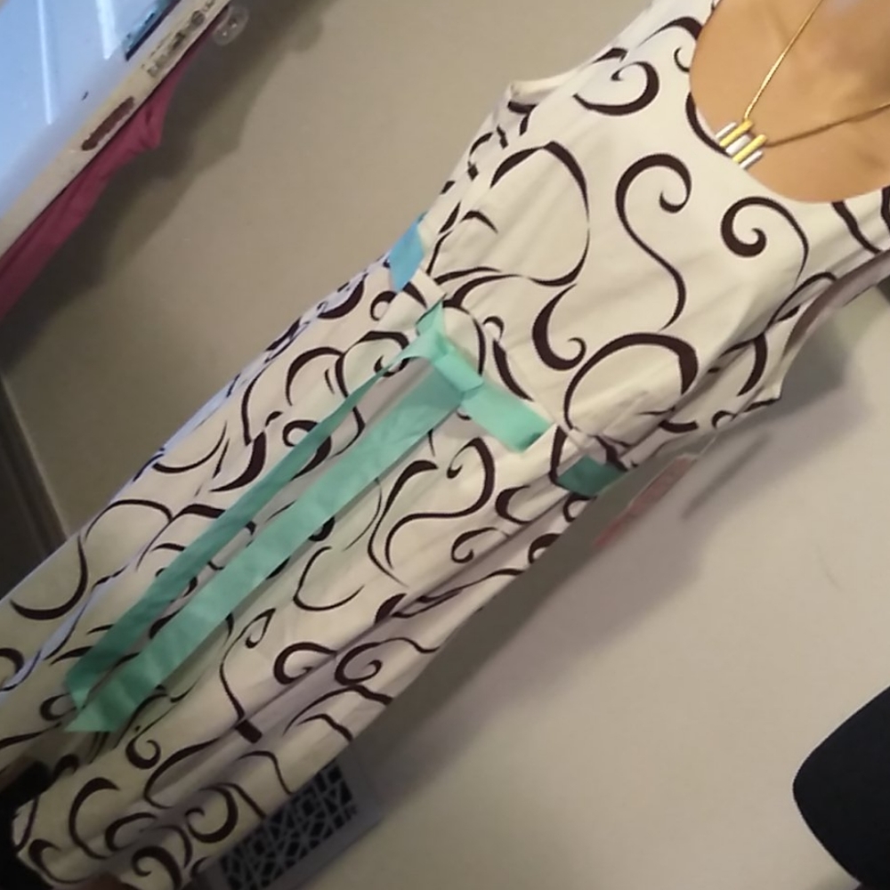 NWT white and brown sundress with aqua ribbon belt